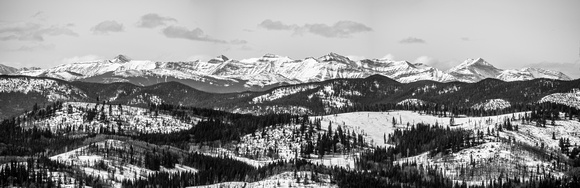 A tele-pano looking west towards peaks such as Burns, Bluerock, Cougar, Rose, Threepoint and others.