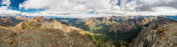 From left to right summits include, St. Eloi, Syncline, Southfork (hidden), Table, Whistler, Gladstone, North Castle, Victoria, Castle, Windsor, Pincher Ridge and West Castle.