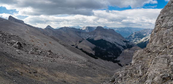 A view off the crumbled section of cliff granting access to the summit block of Townsend.