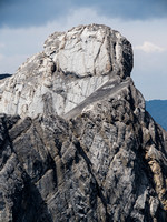 A close-up of Mythic Tower's summit block showing the crack and crux chimney which are key to cracking the summit.