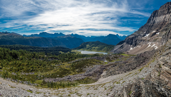 Looking along the impressive east face of The Monarch (R) towards Eohippus Lake and the Mount Assiniboine area.