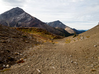 Middle Kootenay Pass with Three Lakes Ridge at left. Middle Kootenay Mountain is accessed by going uphill to the right at this point.