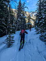 Following ski tracks into lower Wolverine Valley.