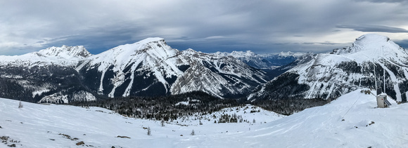Mount Brett and Bourgeau at left with Healy Creek running up in the valley in the foreground and Eagle Mountain at right.