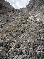 The scree gully slowly curves up to the right.