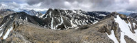 A panorama looking east (L) and south includes Mount Kidd, Kidd South, Guinn's Pass and Lillian Peak (L to R).