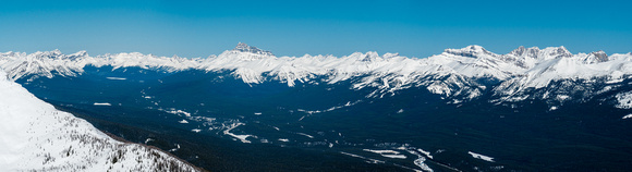 Looking across the Bow Valley towards familiar peaks such as Waputik, Bow Peak, Mount Hector, Molar, Willingdon, Harris, Richardson, Pika, Ptarmigan and Lipalian (L to R).