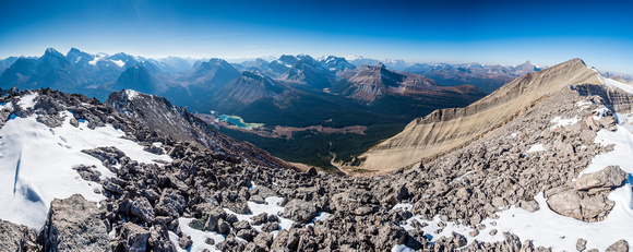 Summit views looking west towards Lake Louise. Cyclone now at far right and the false summit at left.