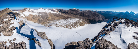 Summit views over the Drummond Icefield. Cyclone at far left and Drummond at center-right.