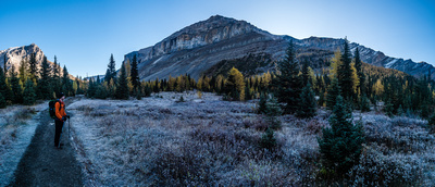 Deep frost surrounds us as we arrive at the bottom of Boulder Pass. Redoubt Mountain looms over us here.