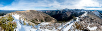 Looking east (L) and south (R) from the first summit over Table Top, Prairie Bluff, Gladstone, Larry, Frankie, Castle Peak and the second Whistable Peak at right.