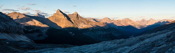 Cataract Peak to the left of Molar and Cyclone, Douglas and St. Bride at right as the shadows of night creep over the Molar Creek valley beneath Hector Pass.