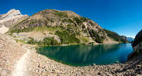 Looking back down Lake Agnes (teahouse and Little Beehive at right) with Niblock at upper left and St. Piran at center.