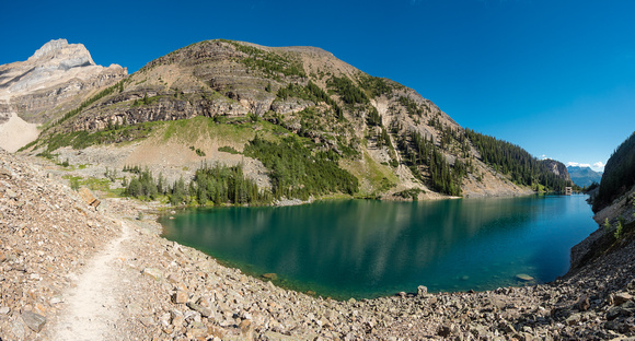 Looking back down Lake Agnes (teahouse and Little Beehive at right) with Niblock at upper left and St. Piran at center.