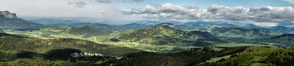A panorama over Mount Backus, Carbondale Hill and Maverick and Ginger Hills. Part of Table at far left.