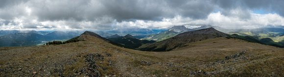 Summit panorama looking back along the ridge (L) and towards Ma Butte (R) with Wedge Mountain in between and Crowsnest Mountain in the distance.