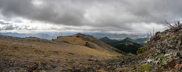 Looking back again - Saskatoon Mountain and Wedge Mountain at center. We're already much higher than either of those two minor summits.