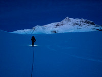 Heading up the Robson Glacier at first light. The Dome is directly above us here.