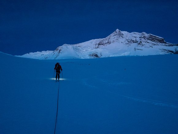 Heading up the Robson Glacier at first light. The Dome is directly above us here.