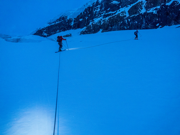 Still dark as we start switchbacking up the first icefall.