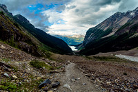 Looking back over Lake Louise from the trail as it crests a moraine feature.