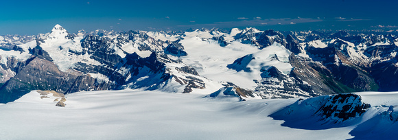 An amazing late evening panorama looking down the main Lyell Icefield towards Mount Forbes (L) and the Mons Icefield at right.