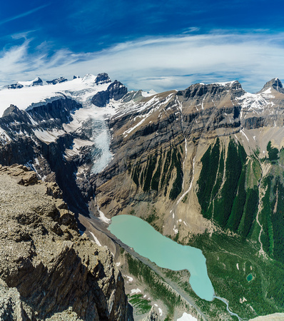 A zoomed out view of the Lyell Icefall to Arctomys Lake and the headwaters of Arctomys Creek and the Valley of Lakes.