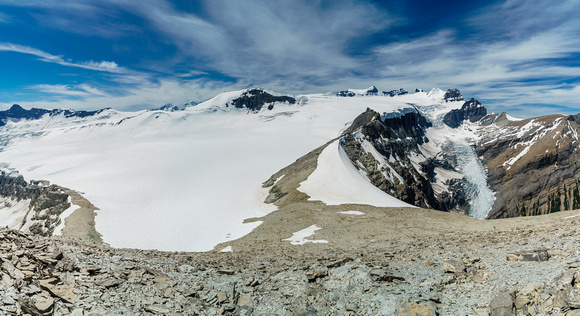 Looking down the west ridge and south shoulder (L) of Arctomys back at the Lyells and their icefield.