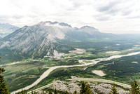 Looking north over the Trans Canada highway at the Goat Traverse which includes Door Jamb, Loder and Goat Mountain (L) and Yamnuska (C)