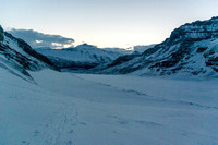 Looking back down the Athabasca Glacier and the long moraine that acts as a nice handrail when visibility is low.