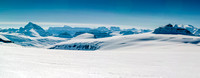 Looking down the Saskatchewan Glacier towards Mount Saskatchewan at distant left with Amery to its right and Castleguard at far right.