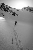Roped up on the AA Glacier with the AA Col directly ahead and above Ferenc.