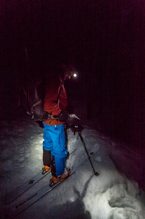 Speed skiing in the dark! Lots of fun - definitely way more fun than walking out would be.