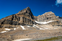 Looking up at Portal (L) and Thompson (R) from the plateau. Note the snow patches on the left. I ascended on climber's left of the leftmost patch