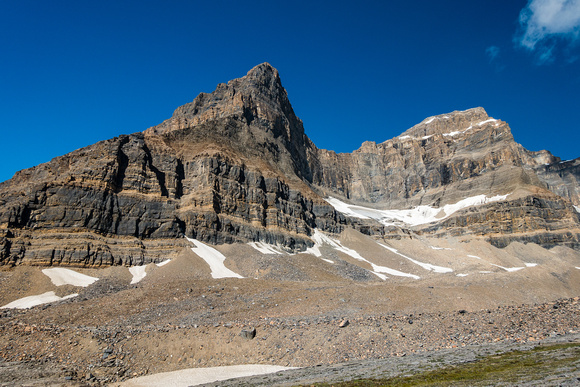 Looking up at Portal (L) and Thompson (R) from the plateau. Note the snow patches on the left. I ascended on climber's left of the leftmost patch
