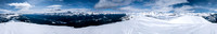 Huge panorama with Protection Mountain at left, Lake Louise at center and Purple Mound at right.