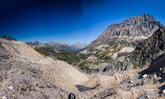 The moraine / loose scree that we ascended to the second col. Catacombs on the right.