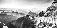 One of my favorite pano's from all my climbs - looking across the east face / ridge of Assiniboine at a smoky morning sunrise.