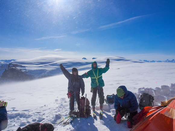 Fabrice and Josee stop by for a visit on their way up North Twin. Note the howling wind in the background!