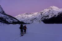 Crossing the lake, it's still early morning. On the right in the foreground is an outlier of Mount Athabasca. In the right background is Mount Andromeda.