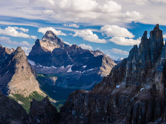 Amazing views into the Lake O'Hara region, including the very sexy Mount Biddle rising over the Opabin Plateau.