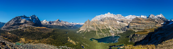 A wider panorama including Little Odaray and Schaffer Lake showing almost the entire Lake O'Hara region minus Lake Oesa