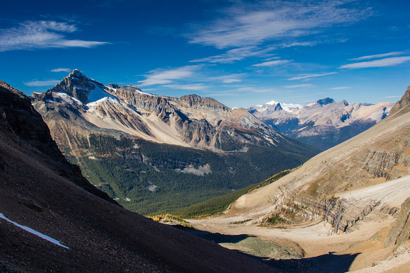 Looking down the north side of the col over the approach valley for the Lake O'Hara region with Cathedral rising on the left.