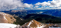 Looking down our ascent ridge with an incredible panorama opening up to the east including Maligne Lake.