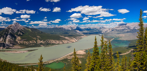 The two differently colored lakes are Jasper (left) and Talbot (right). Edna Lake sneaks into the extreme lower left corner of the photo.