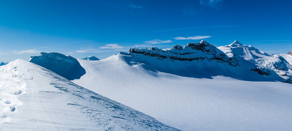 Looking over the top of the Waputik Glacier towards Lilliput and Balfour.
