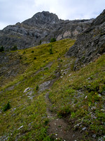 A trail leads up from the col to the summit ridge.