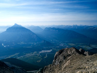 Looking down the ascent ridge (R) with Banff and Mount Rundle (L) in the background.