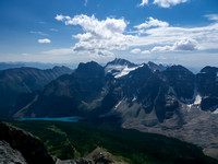 Looking over Moraine Lake to Panorama Ridge, Babel, Fay, Little, Bowlen and Tonsa.