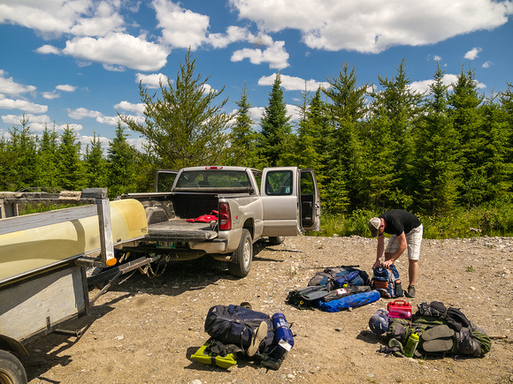 Getting the gear organized in the Leano Lake parking lot.